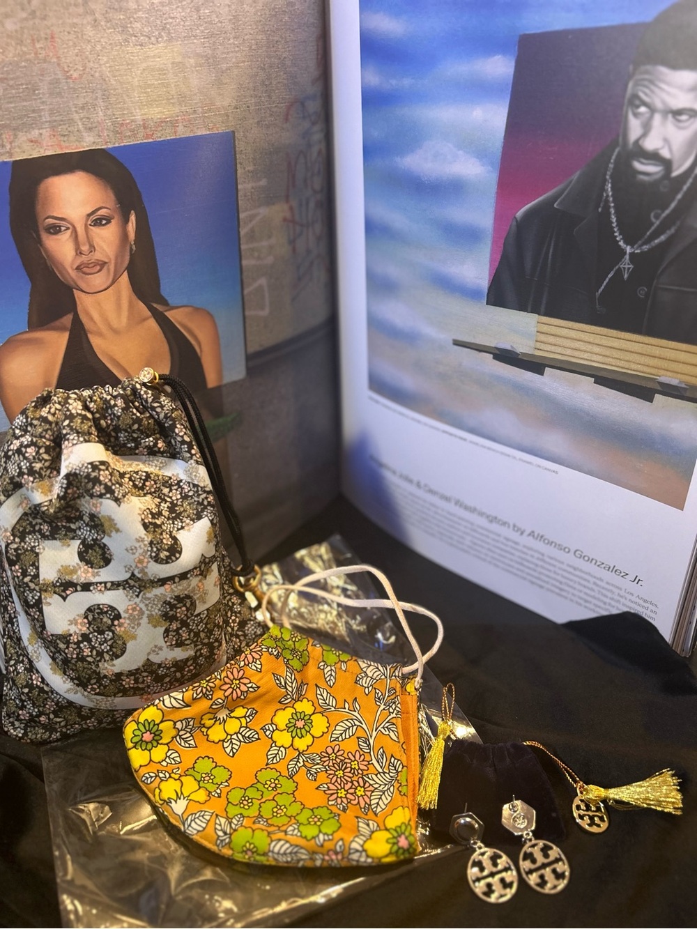 SALE! Tory Burch Bundle: Yellow Floral Face Mask w Logo Sak/Tassel Earrings/Bag